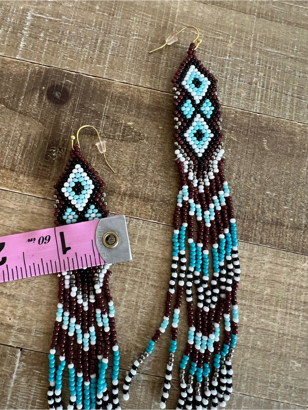 Western Beaded Long Earrings Brown Blue Beaded boho jewelry gift tassel New - Picture 6 of 7